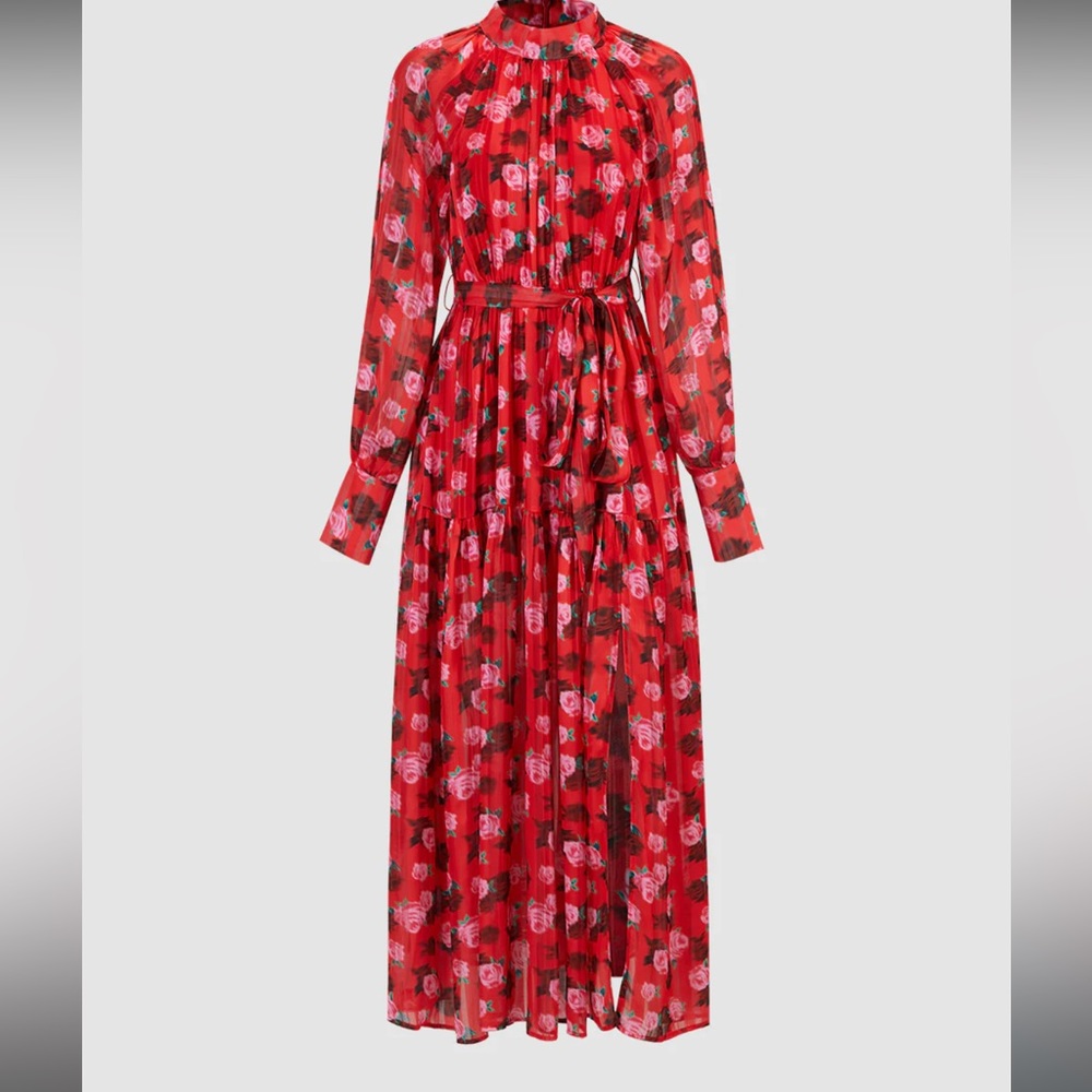 Floral Print Belted Maxi Chiffon Dress